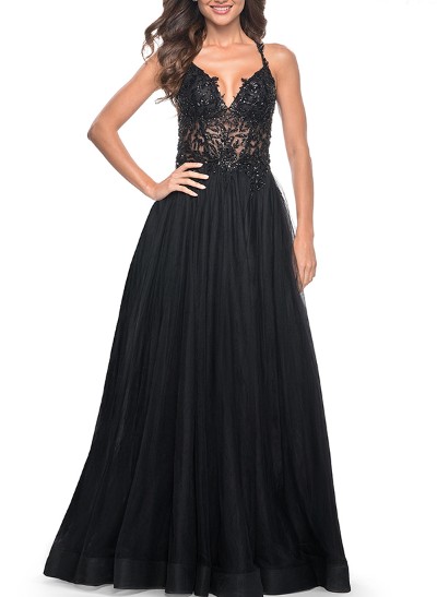 A-Line V-Neck Sleeveless Sweep Train Sequined Prom Dresses With High Split