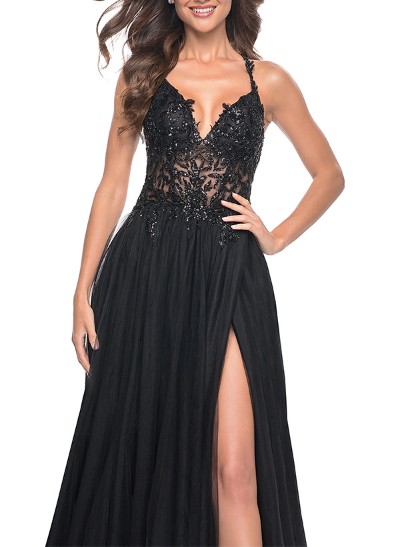 A-Line V-Neck Sleeveless Sweep Train Sequined Prom Dresses With High Split
