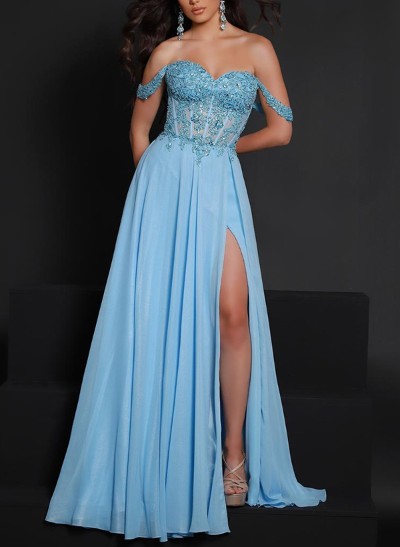 A-Line Off-The-Shoulder Sleeveless Lace Prom Dresses With High Split