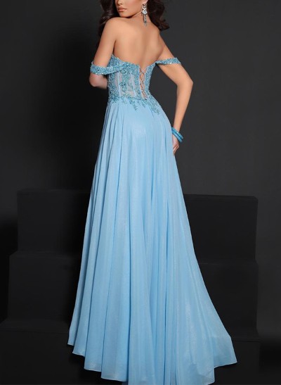 A-Line Off-The-Shoulder Sleeveless Lace Prom Dresses With High Split