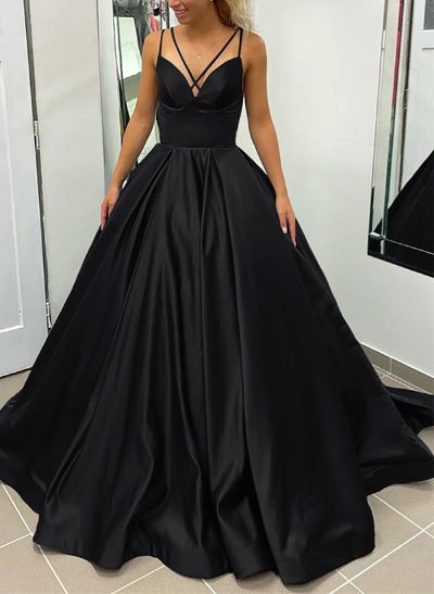 Ball-Gown V-Neck Sleeveless Satin Prom Dresses With Pockets