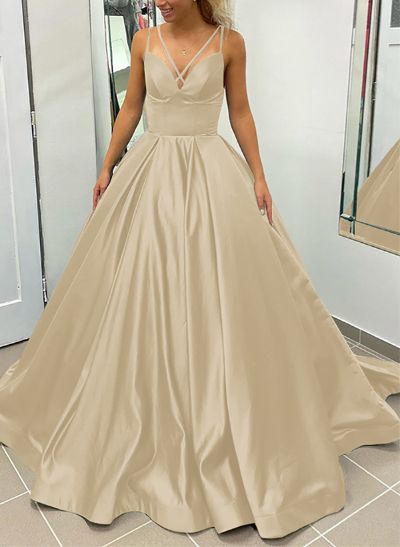 Ball-Gown V-Neck Sleeveless Satin Prom Dresses With Pockets