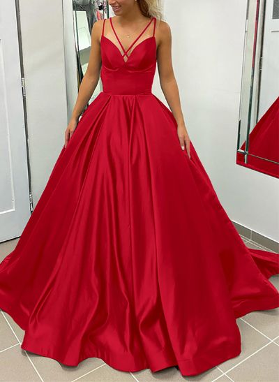 Ball-Gown V-Neck Sleeveless Satin Prom Dresses With Pockets