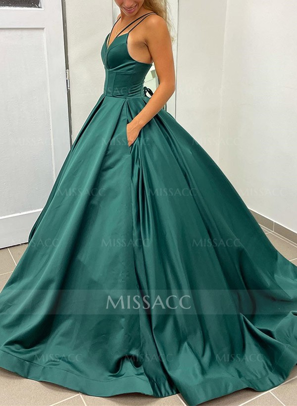 Ball-Gown V-Neck Sleeveless Satin Prom Dresses With Pockets