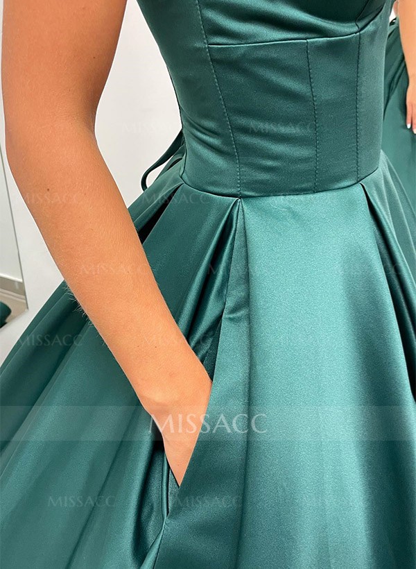 Ball-Gown V-Neck Sleeveless Satin Prom Dresses With Pockets