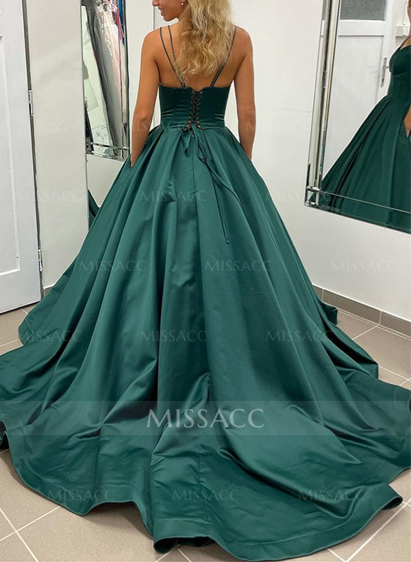 Ball-Gown V-Neck Sleeveless Satin Prom Dresses With Pockets