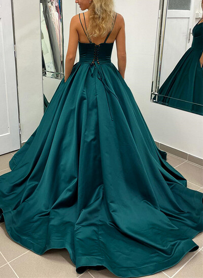 Ball-Gown V-Neck Sleeveless Satin Prom Dresses With Pockets