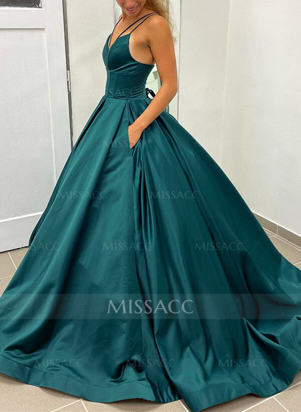 Ball-Gown V-Neck Sleeveless Satin Prom Dresses With Pockets