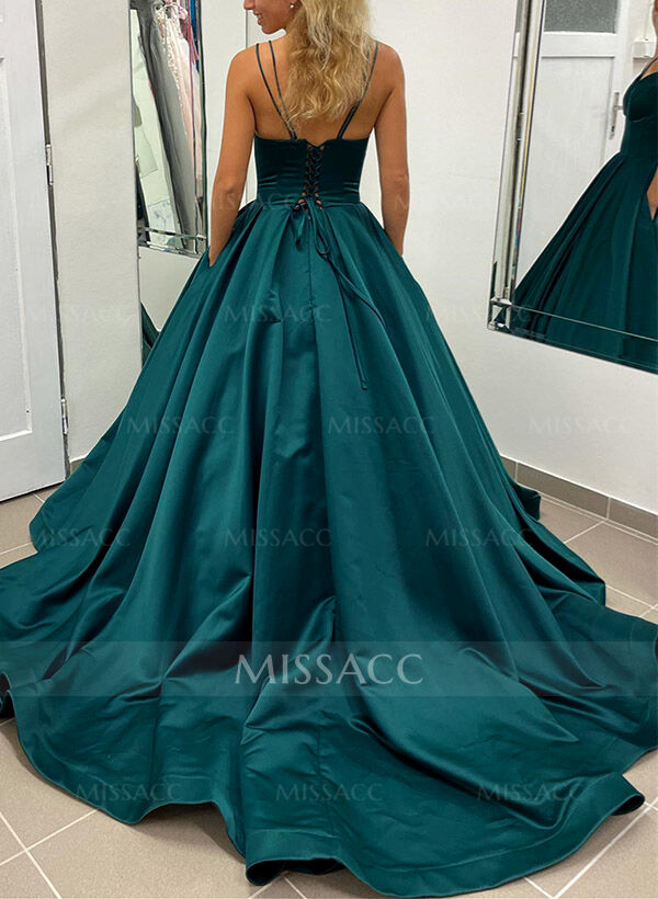 Ball-Gown V-Neck Sleeveless Satin Prom Dresses With Pockets