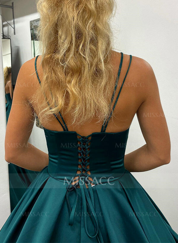 Ball-Gown V-Neck Sleeveless Satin Prom Dresses With Pockets