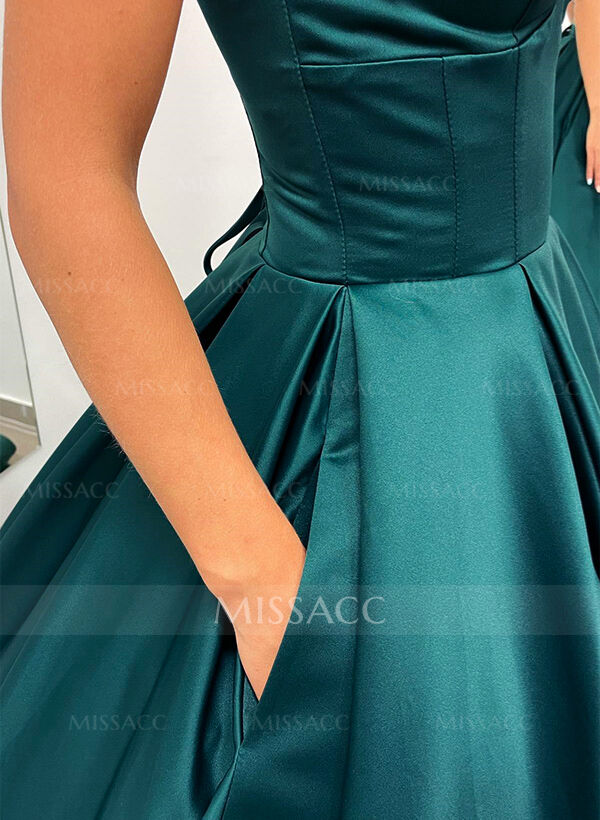 Ball-Gown V-Neck Sleeveless Satin Prom Dresses With Pockets