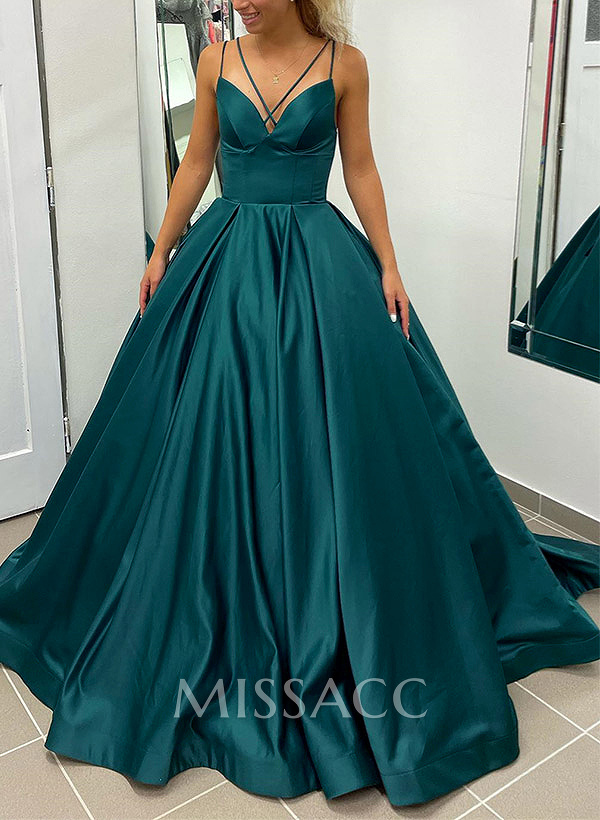 Ball-Gown V-Neck Sleeveless Satin Prom Dresses With Pockets Ball-Gown V-Neck Sleeveless Satin Prom Dresses With Pockets