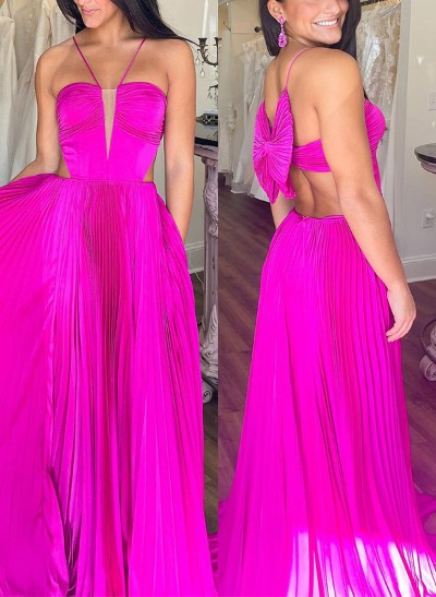 A-Line Strapless Sleeveless Sweep Train Chiffon Prom Dresses With Bow(s)