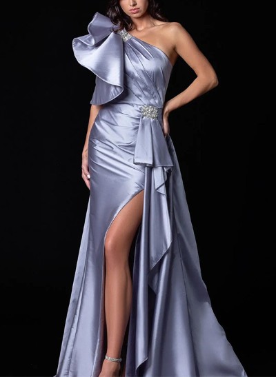A-Line One-Shoulder Sleeveless Silk Like Satin Prom Dresses With High Split