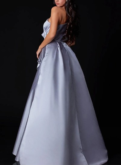 A-Line One-Shoulder Sleeveless Silk Like Satin Prom Dresses With High Split