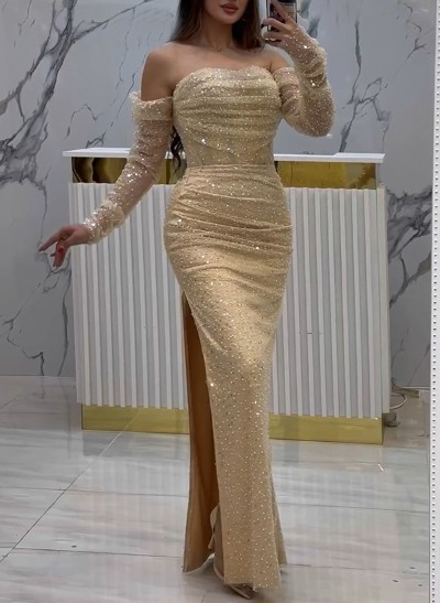 Sheath/Column Off-The-Shoulder Sequined Prom Dresses With High Split