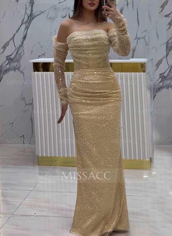 Sheath/Column Off-The-Shoulder Sequined Prom Dresses With High Split