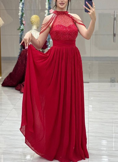 A-Line Halter Sleeveless Floor-Length Sequined Evening Dresses With Beading