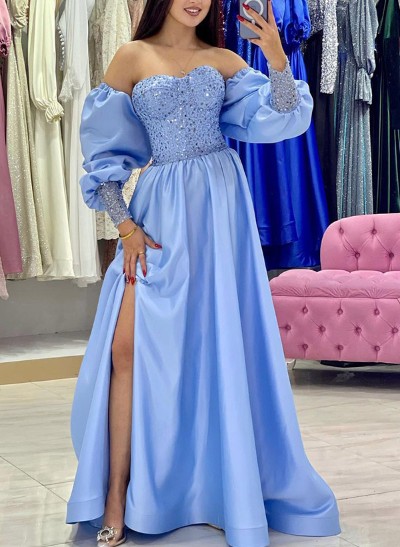 A-Line Off-The-Shoulder Long Sleeves Floor-Length Sequined Prom Dresses