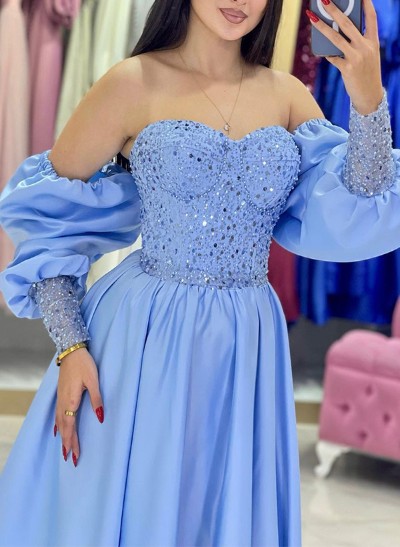 A-Line Off-The-Shoulder Long Sleeves Floor-Length Sequined Prom Dresses