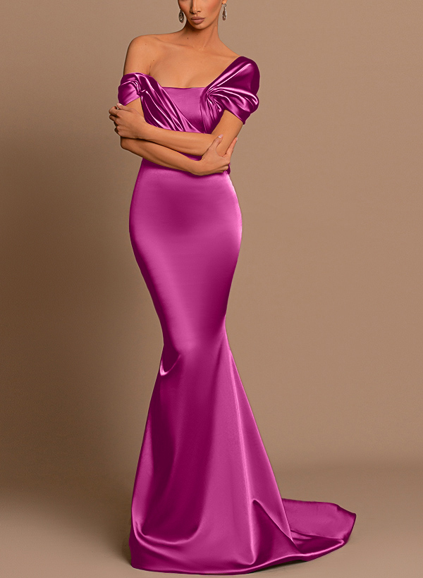 Trumpet/Mermaid Asymmetrical Short Sleeves Silk Like Satin Prom Dresses