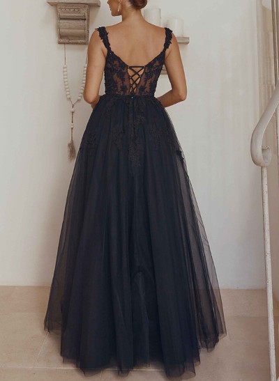 A-Line Sweetheart Sleeveless Tulle Prom Dresses With Appliques Lace
