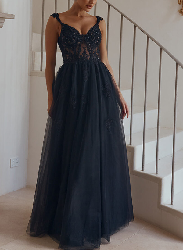 A-Line Sweetheart Sleeveless Tulle Prom Dresses With Appliques Lace