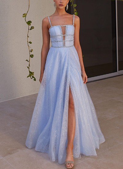 A-Line Strapless Sleeveless Sequined Prom Dresses With High Split