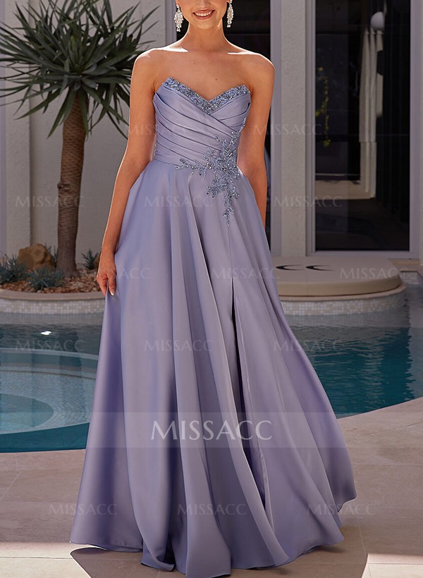 A-Line Sweetheart Sleeveless Silk Like Satin Prom Dresses With Rhinestone