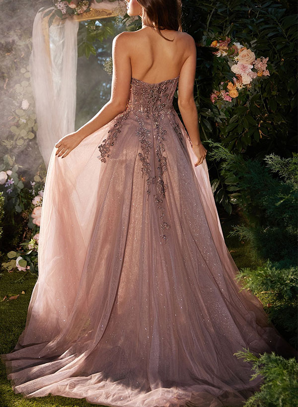 A-Line Halter Sleeveless Sweep Train Tulle Prom Dresses With Appliques Lace