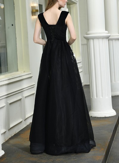 A-Line V-Neck Sleeveless Floor-Length Prom Dresses With Appliques Lace