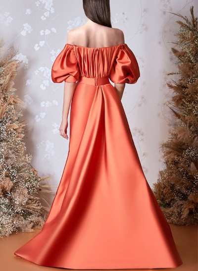 A-Line Off-The-Shoulder Silk Like Satin Prom Dresses With Split Front