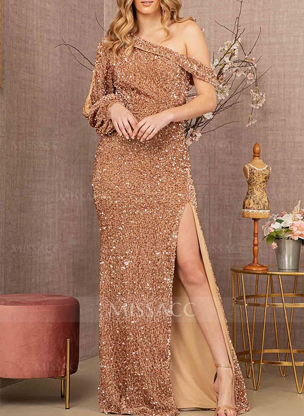 Sheath/Column Asymmetrical Sequined Prom Dresses With High Split