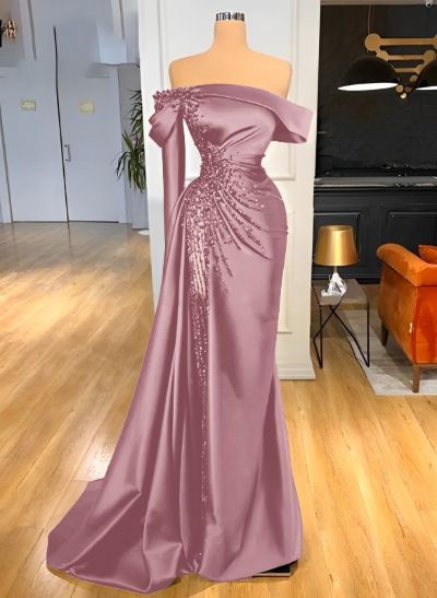 Sheath/Column Off-The-Shoulder Long Sleeves Satin/Sequined Prom Dresses