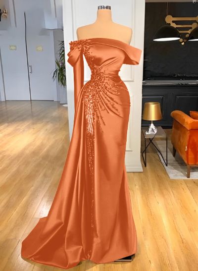 Sheath/Column Off-The-Shoulder Long Sleeves Satin/Sequined Prom Dresses