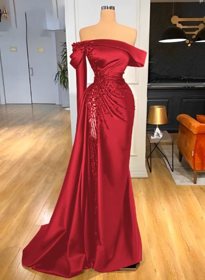 Sheath/Column Off-The-Shoulder Long Sleeves Satin/Sequined Prom Dresses