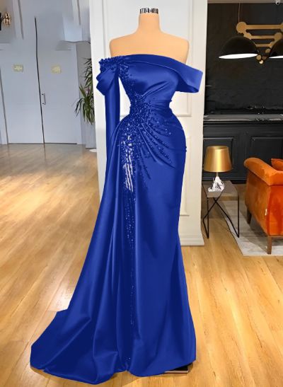 Sheath/Column Off-The-Shoulder Long Sleeves Satin/Sequined Prom Dresses