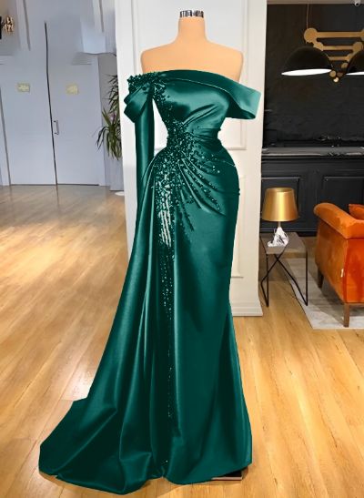 Unique Bejeweled Off-The-Shoulder Ruched Waist Prom Dresses With High Split