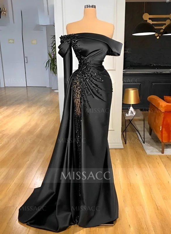 Bejeweled Off-The-Shoulder Ruched Waist Prom Dresses With High Split $199