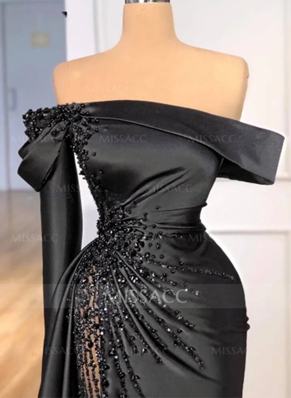 Unique Bejeweled Off-The-Shoulder Ruched Waist Prom Dresses With High Split