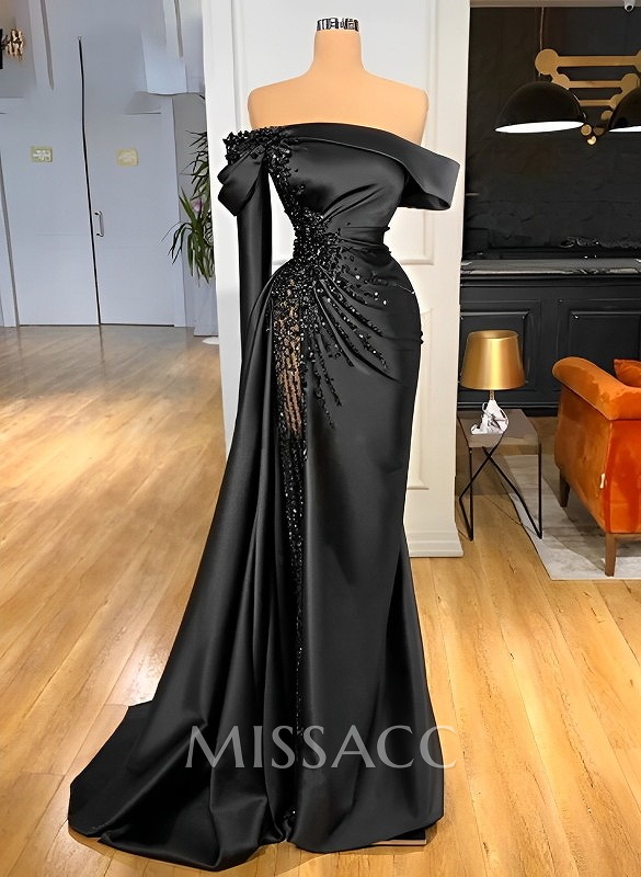 Unique Bejeweled Off-The-Shoulder Ruched Waist Prom Dresses With High Split