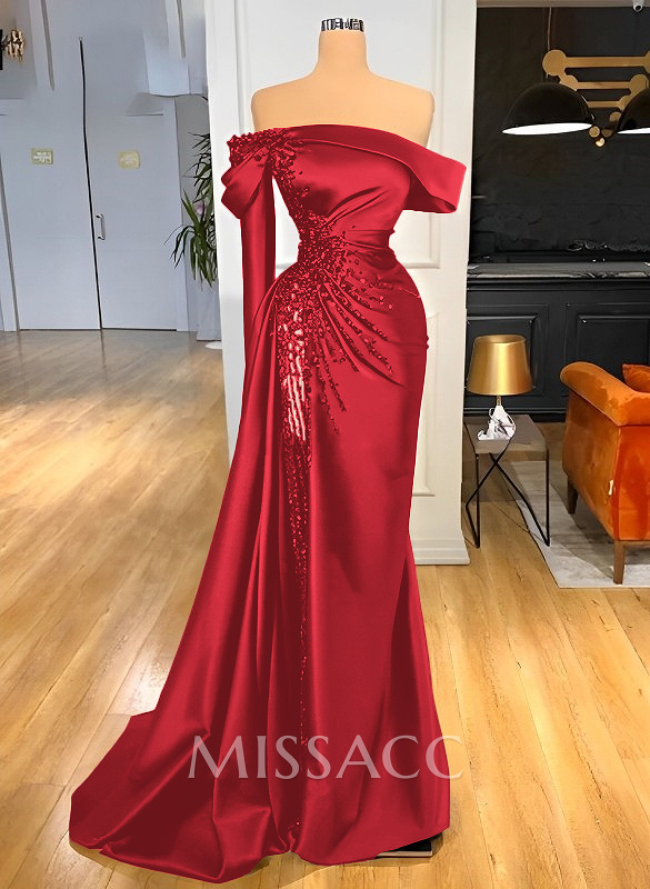 Unique Bejeweled Off-The-Shoulder Ruched Waist Prom Dresses With High Split