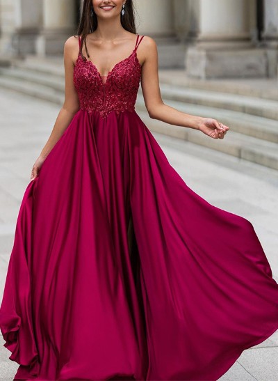 A-Line V-Neck Sleeveless Floor-Length Silk Like Satin Prom Dresses With Lace
