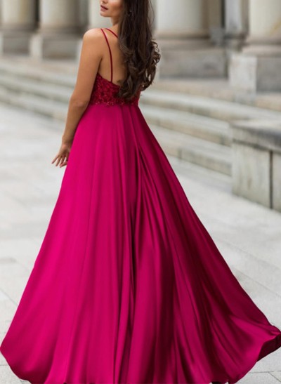 A-Line V-Neck Sleeveless Floor-Length Silk Like Satin Prom Dresses With Lace
