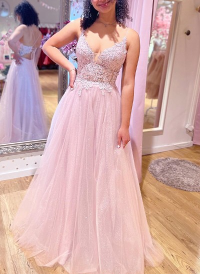 A-Line V-Neck Sleeveless Floor-Length Lace Prom Dresses