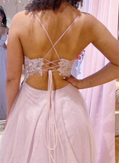A-Line V-Neck Sleeveless Floor-Length Lace Prom Dresses