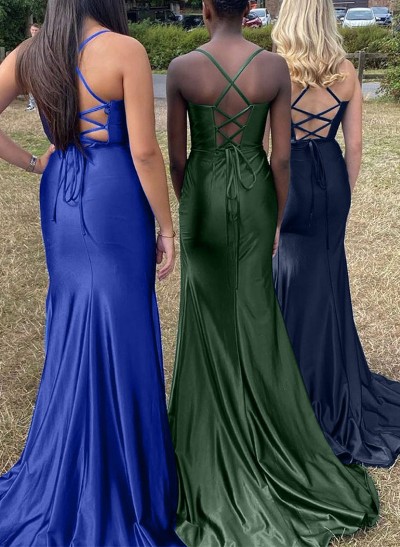 Sheath/Column Sweetheart Sleeveless Silk Like Satin Prom Dresses With High Split