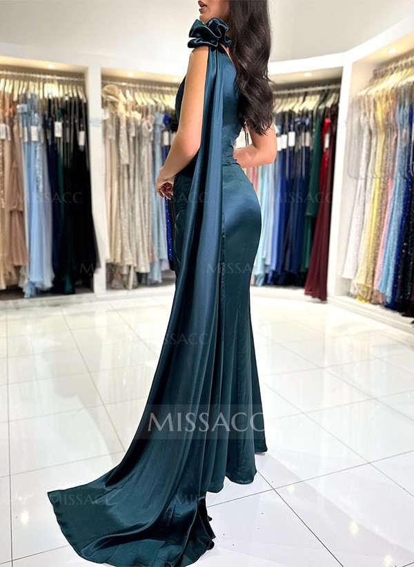 Sheath/Column One-Shoulder Silk Like Satin Prom Dresses With High Split