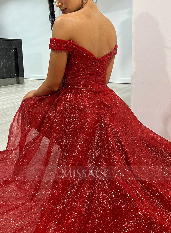 Sheath/Column Off-The-Shoulder Sleeveless Sequined Prom Dresses With High Split