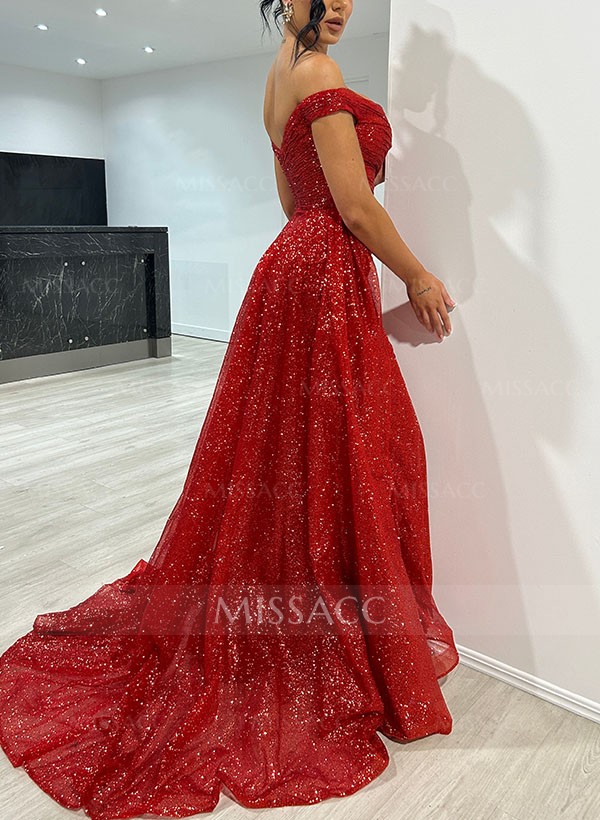 Sheath/Column Off-The-Shoulder Sleeveless Sequined Prom Dresses With High Split